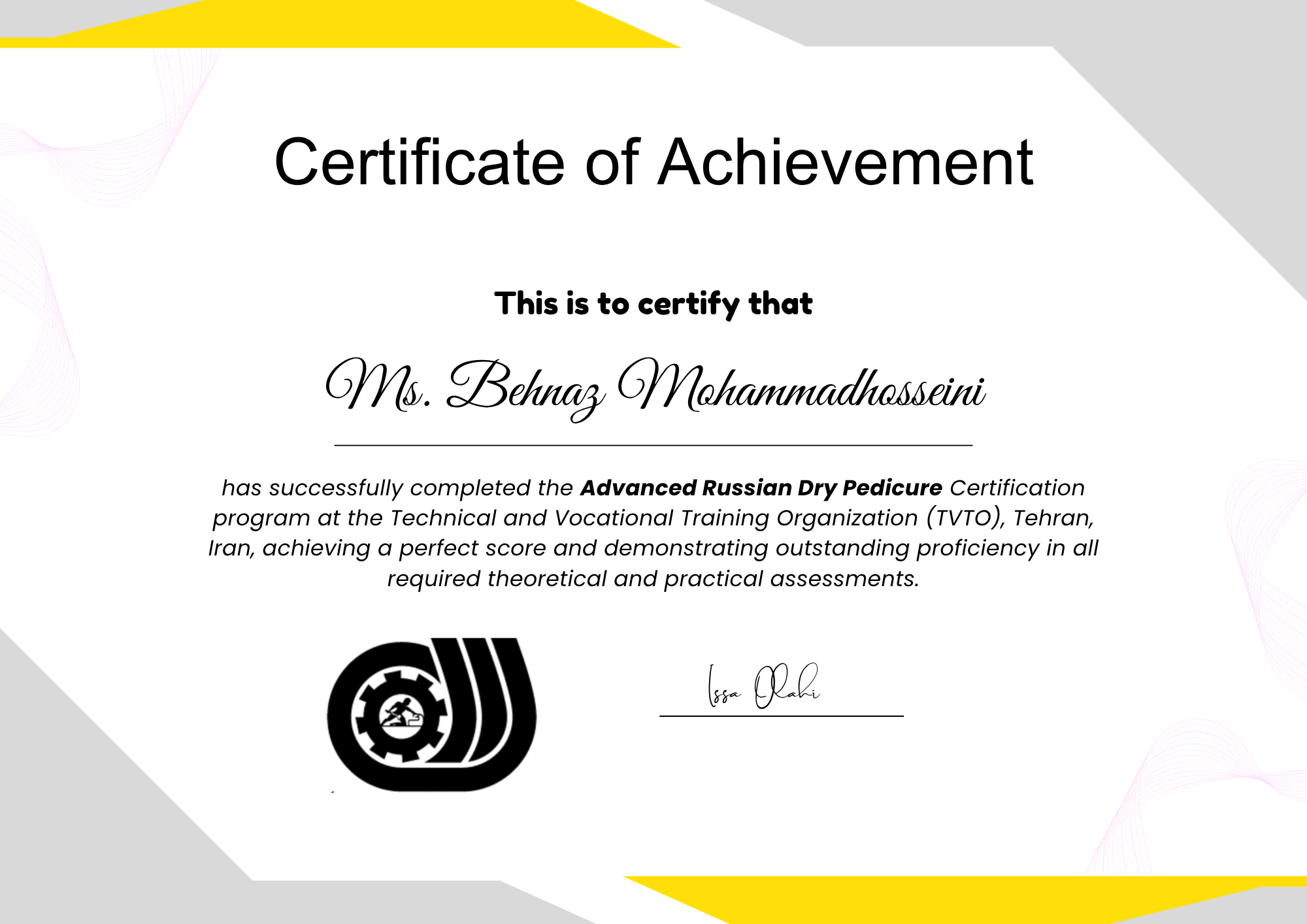 Advanced Russian Dry Pedicure certification for Behnaz Mohammadhosseini